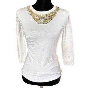 Chelsea & Theodore women jeweled embellished 3/4 sleeve sweater ivory festive XS